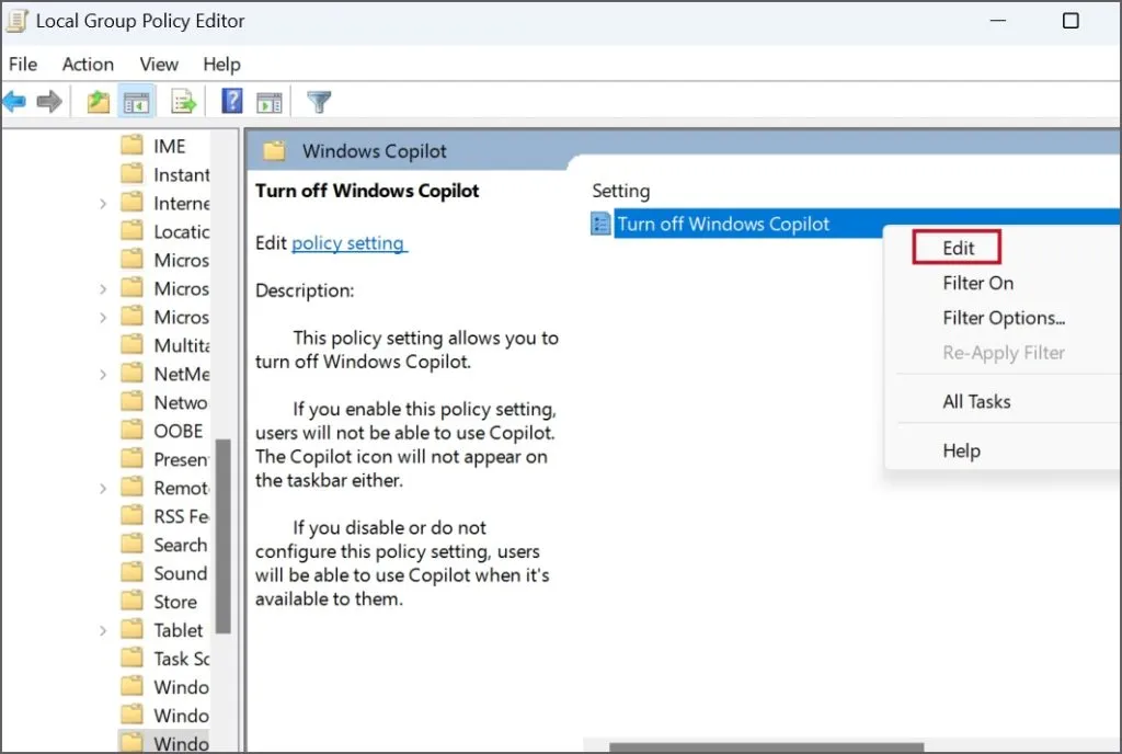 Deaktivieren Sie Copilot mithilfe des Gruppenrichtlinien-Editors