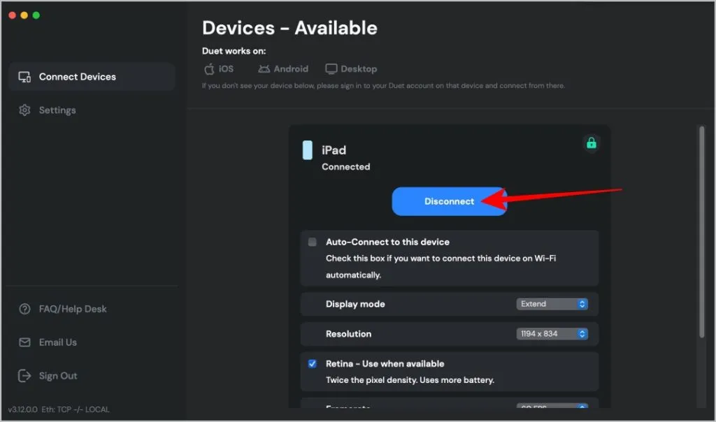 Déconnexion de l'iPad du Mac sur Duet Display