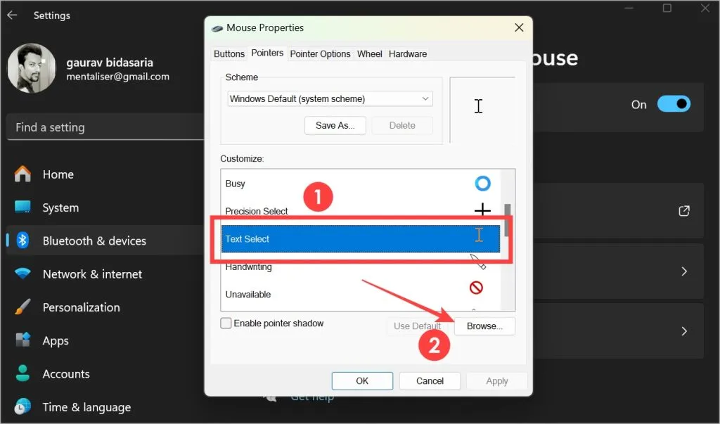 Textauswahloption auf der Registerkarte „Zeiger“ in den zusätzlichen Mauseinstellungen unter Windows