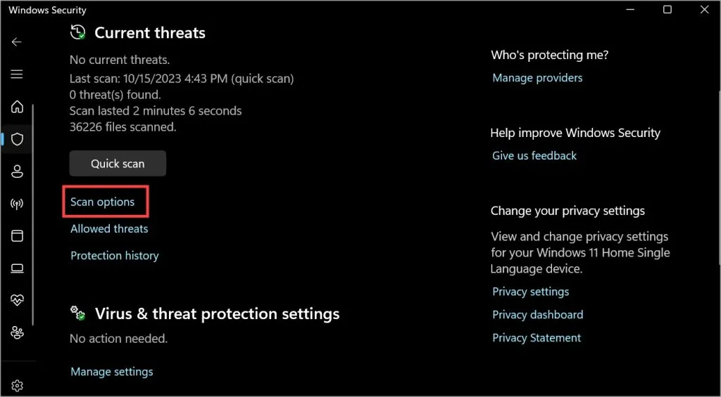 options d'analyse de sécurité Windows