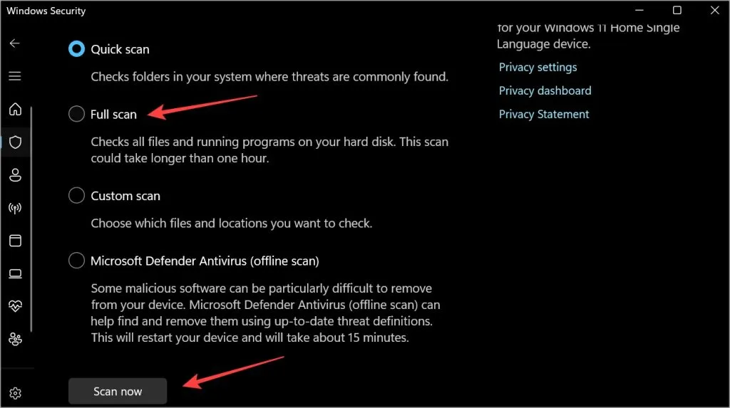 exécuter une analyse complète pour Windows Security Defender