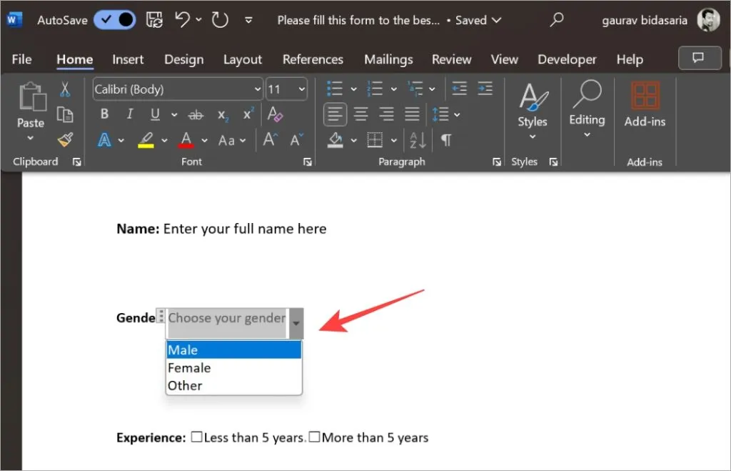 un court formulaire à remplir dans Microsoft Word