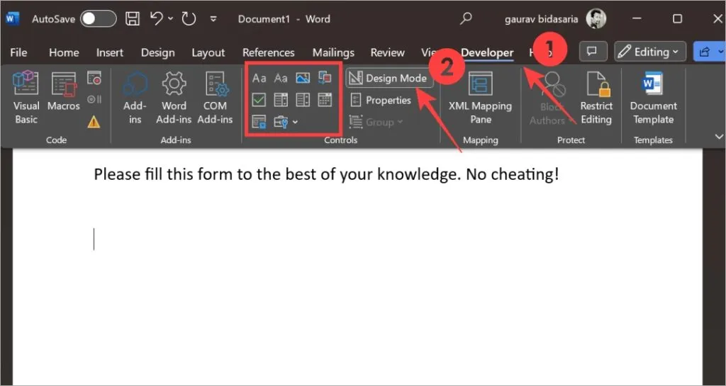 activer les contrôles du mode conception dans Microsoft Word