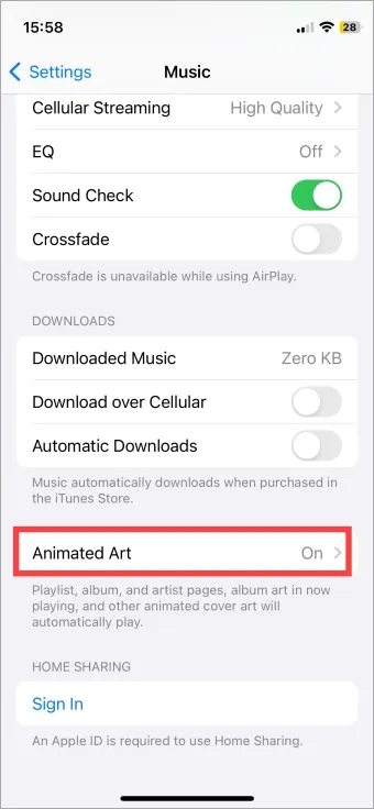 options d'art animé Apple Music sur iPhone