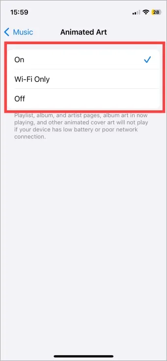 options de pochettes d'album animées pour Apple Music dans les paramètres de l'iPhone