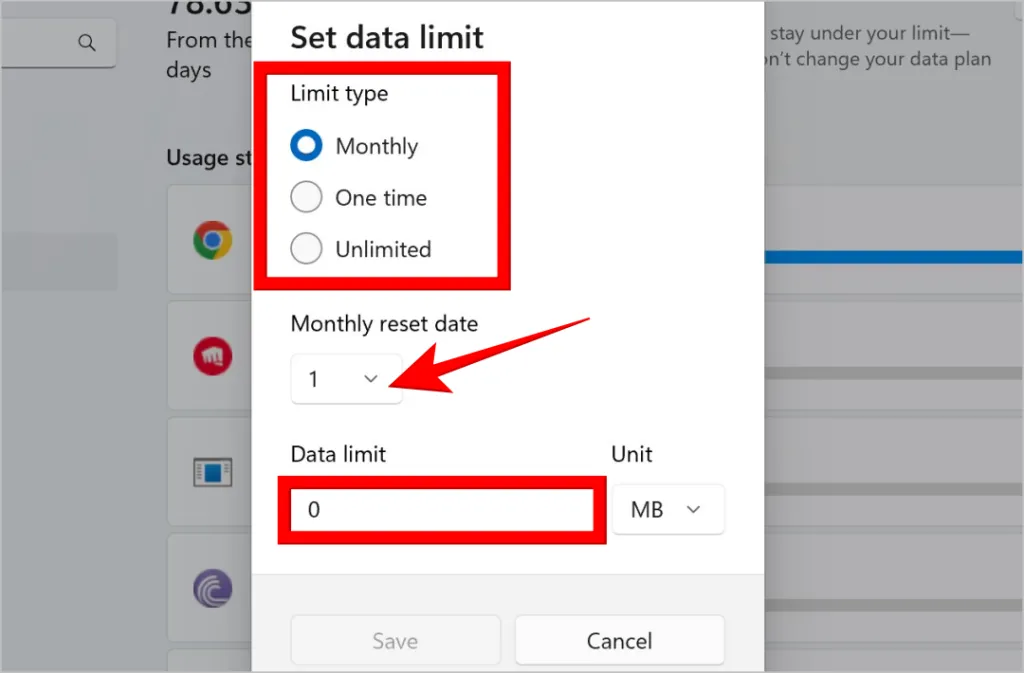 Datenlimit festlegen