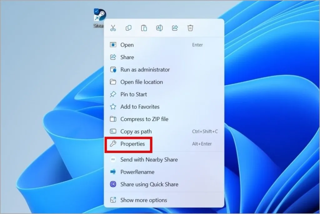 Ouvrez les propriétés du raccourci Steam sous Windows