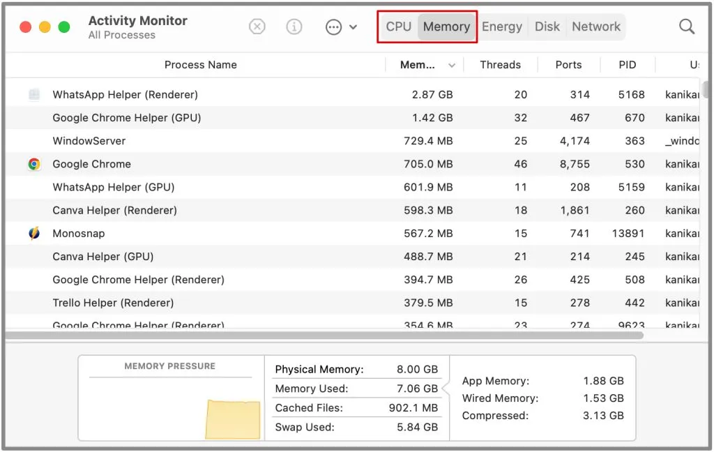 Gehen Sie zur Registerkarte CPU und Speicher