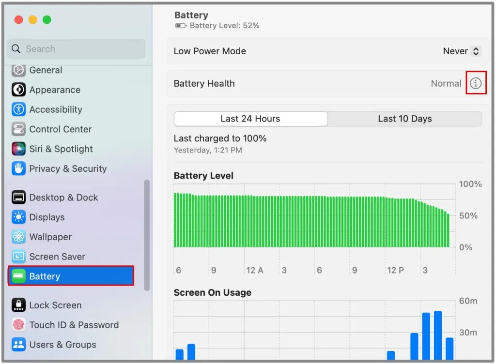 Öffnen Sie „Batterie“ in der linken Seitenleiste