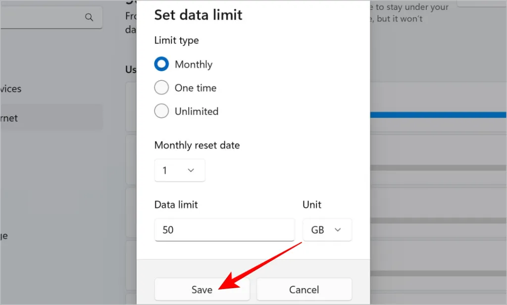 Datenlimit unter Windows speichern