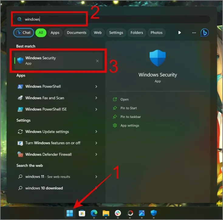 Durchsuchen Sie die Windows-Sicherheits-App vom Start aus