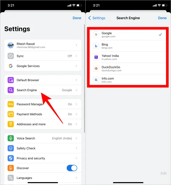 Chrome-Einstellungen und verlorene Suchmaschinen in Chrome iOS