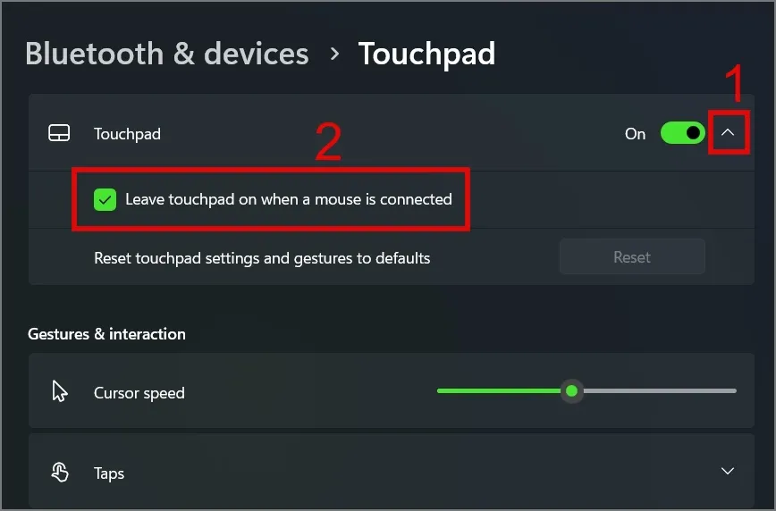 Aktivieren Sie die Option „Touchpad eingeschaltet lassen, wenn eine Maus angeschlossen ist“.