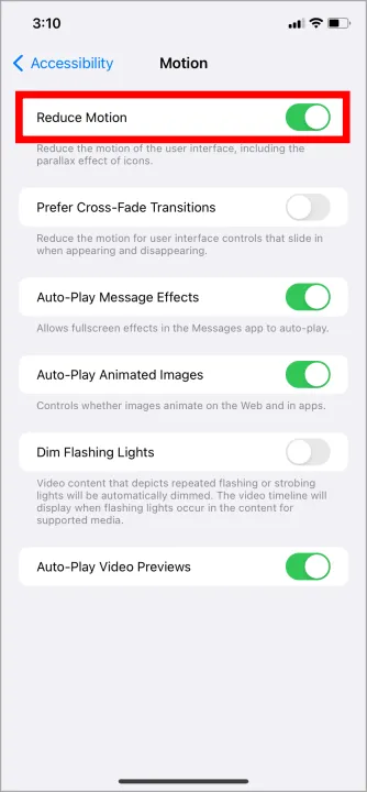 Reduzieren Sie die Bewegungsumschaltung unter iOS