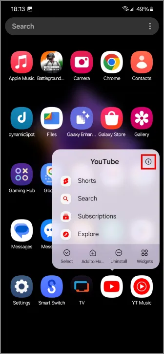 App-Informationen für die YouTube-App auf Android