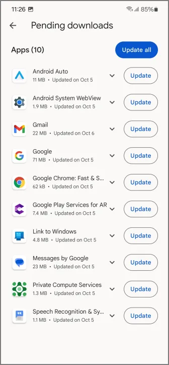 mettre à jour les applications depuis Google Play Store