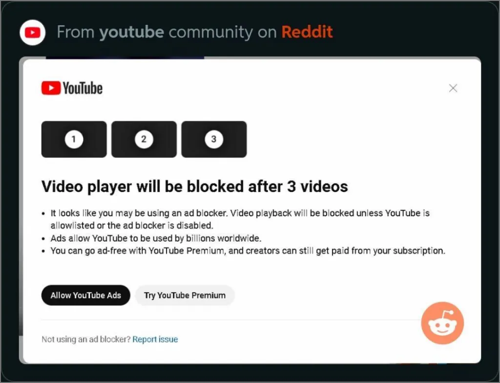 avertissement de bloqueur de publicité reçu sur YouTube dans le navigateur Web