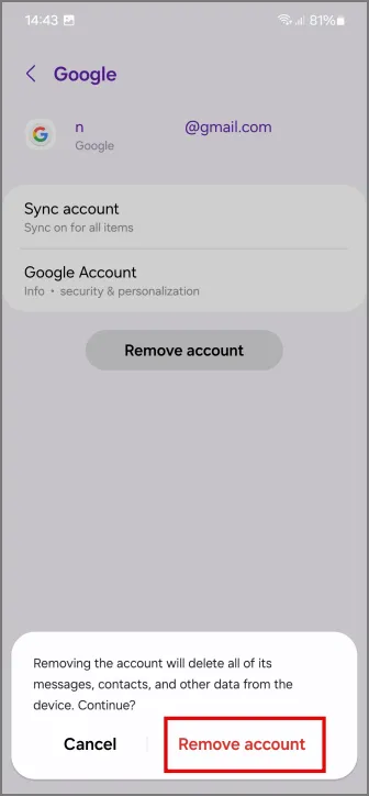 Bestätigung zum Entfernen des Google-Kontos von Android