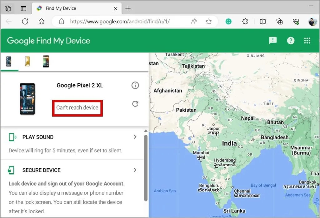 Impossible d'atteindre l'erreur de l'appareil dans Google Find My Device