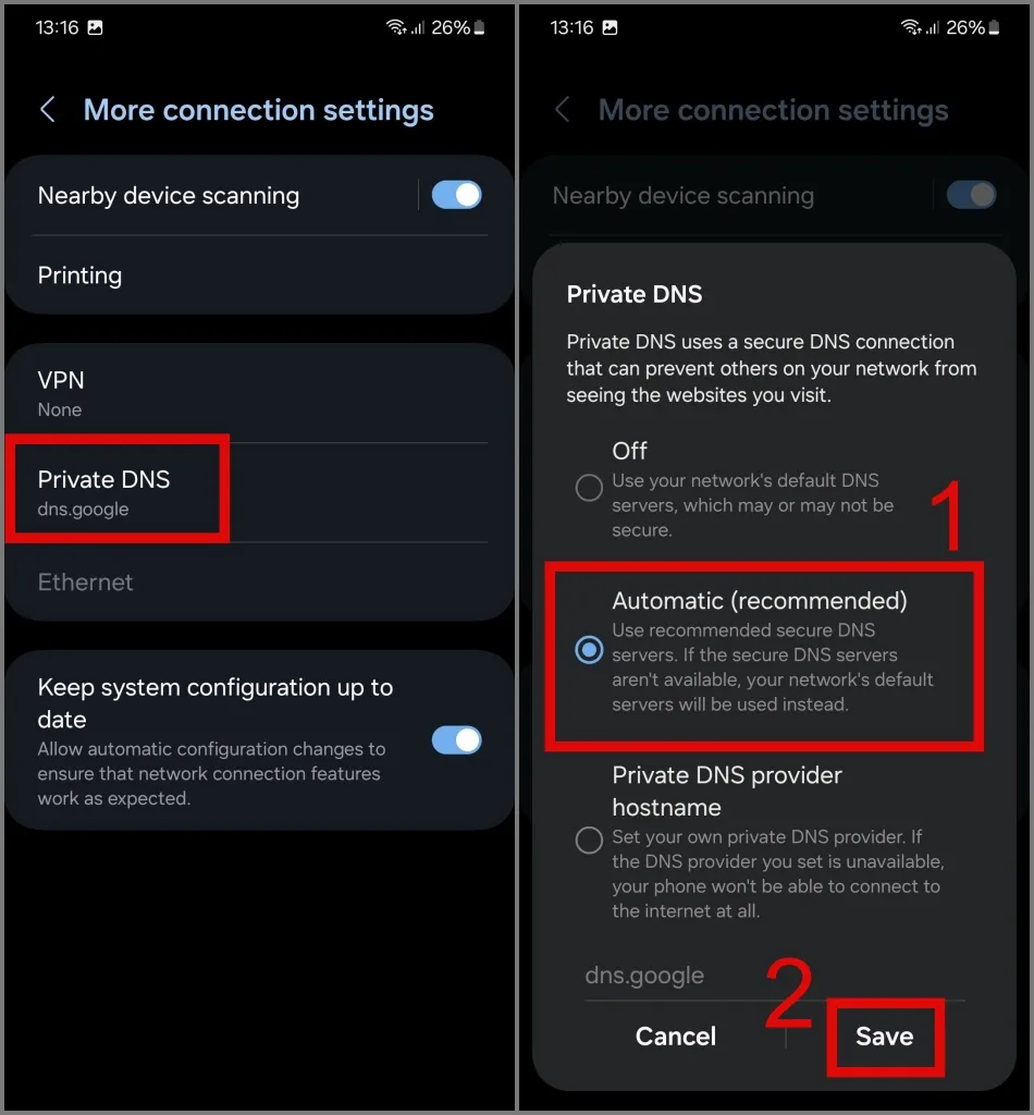 Wijzig de Private DNS-instelling