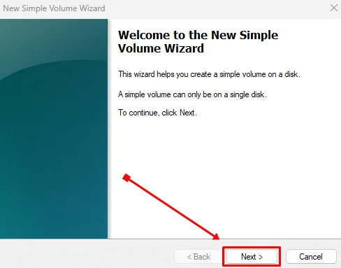 Fare clic sul pulsante Avanti nel Nuovo volume semplice