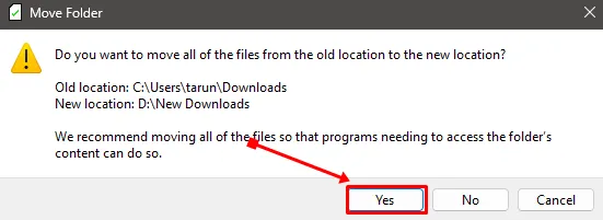 Нажмите кнопку «Да», если вы хотите переместить все загруженные файлы.