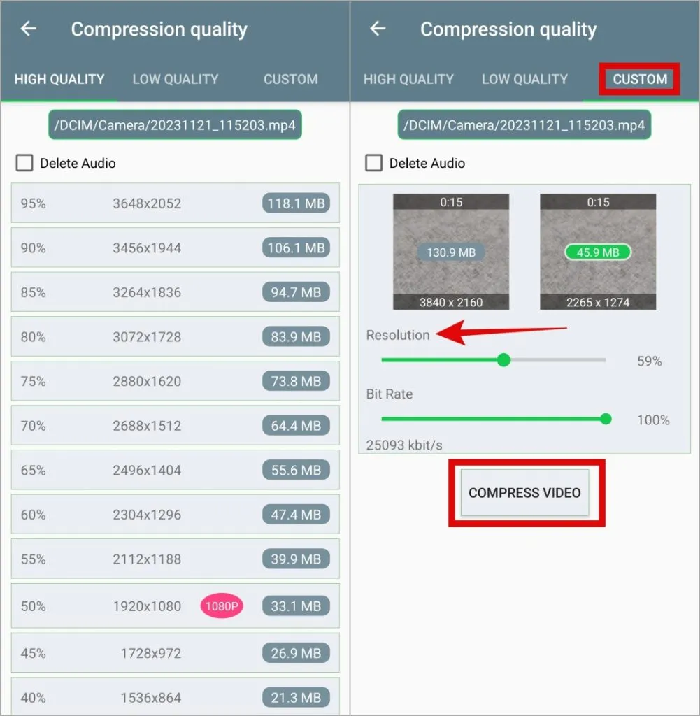 Compactar um vídeo no telefone Samsung Galaxy com um aplicativo de terceiros