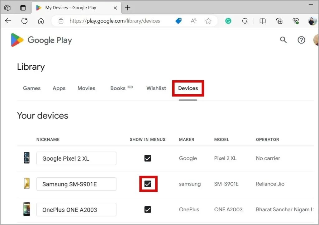 Google Play 網站上的設備