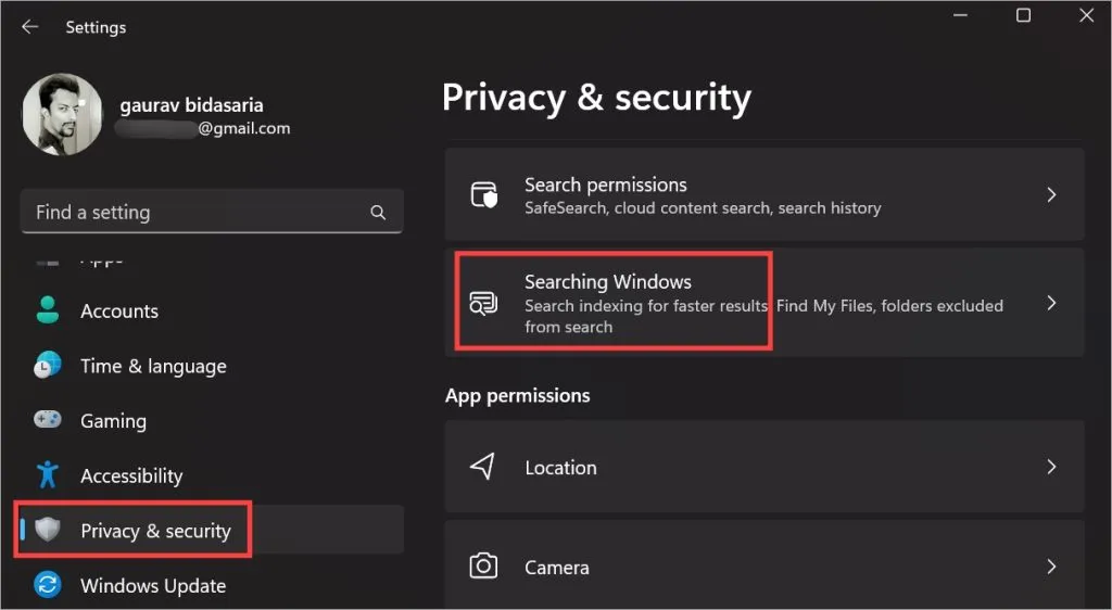 recherche de l'option Windows dans les paramètres