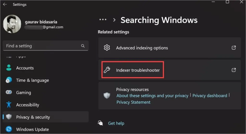 voer de probleemoplosser voor indexering uit op Windows