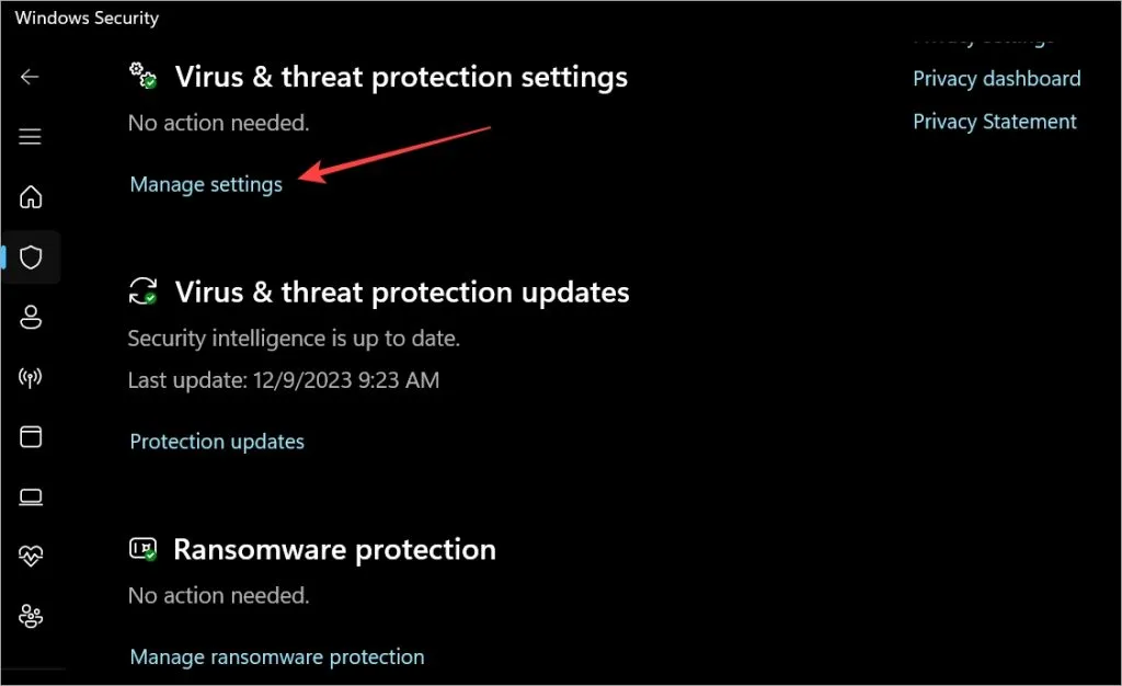 gérer les paramètres sous virus & paramètres de protection contre les menaces dans Windows