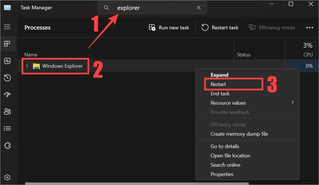 restartējiet programmu Windows Explorer no uzdevumu pārvaldnieka