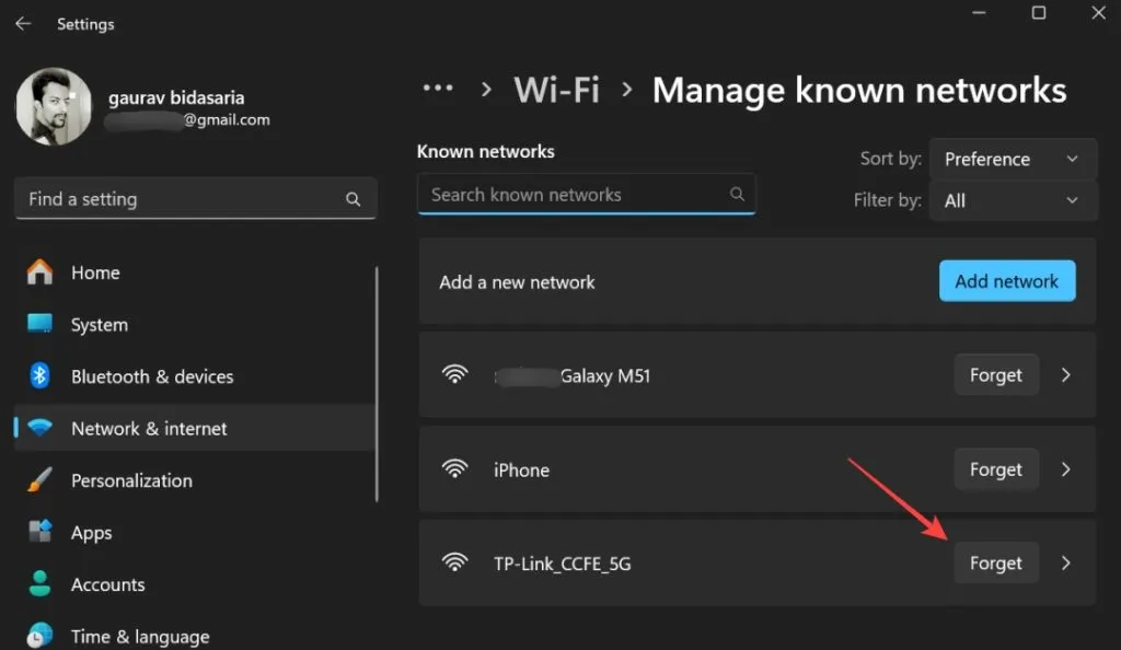 забравете wi-fi мрежата на windows