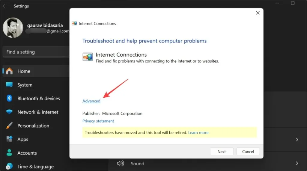 Opzione avanzata di connessione Internet di Windows