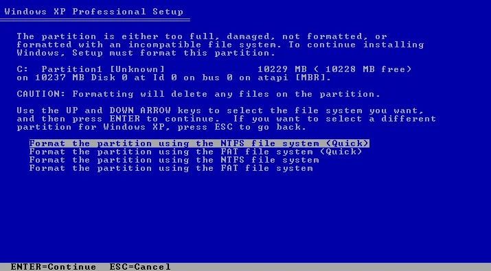 Formattare la partizione utilizzando il file system NTFS (Rapido)