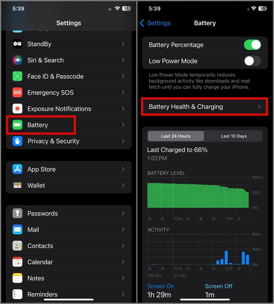 Accédez à État de la batterie et amp; Paramètres de charge