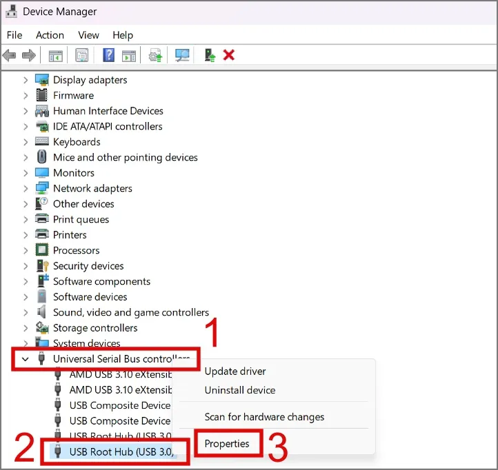 Siirry kohtaan USB Root Hub Properties