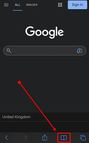 Eikite į „Safari“ naršyklę ir spustelėkite knygos piktogramą