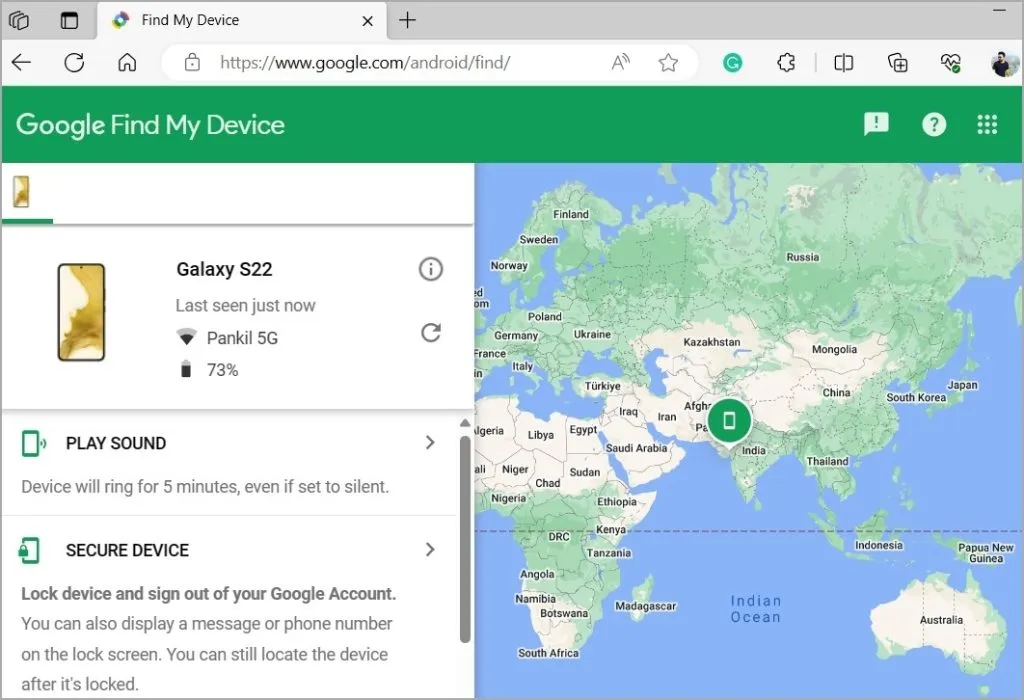 Google Find My Device -sivusto