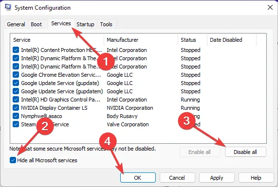 すべての Microsoft サービスを非表示にする