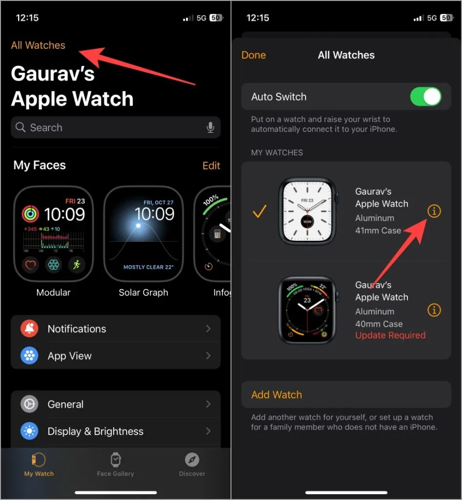 iPhone Watch 앱의 모든 Watch 옵션