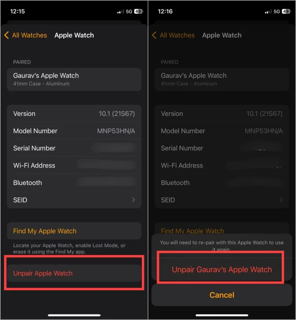 desemparejar y restablecer el Apple Watch desde la aplicación Watch en el iPhone