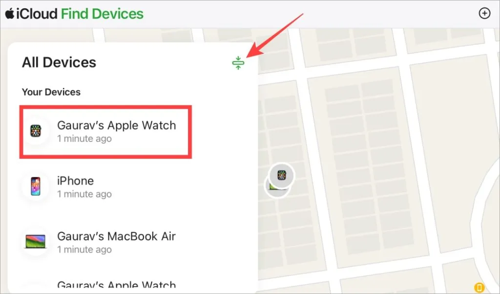 choisissez Apple Watch dans le menu iCloud Rechercher des appareils