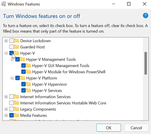 Hyper-V opcijas ir iespējotas