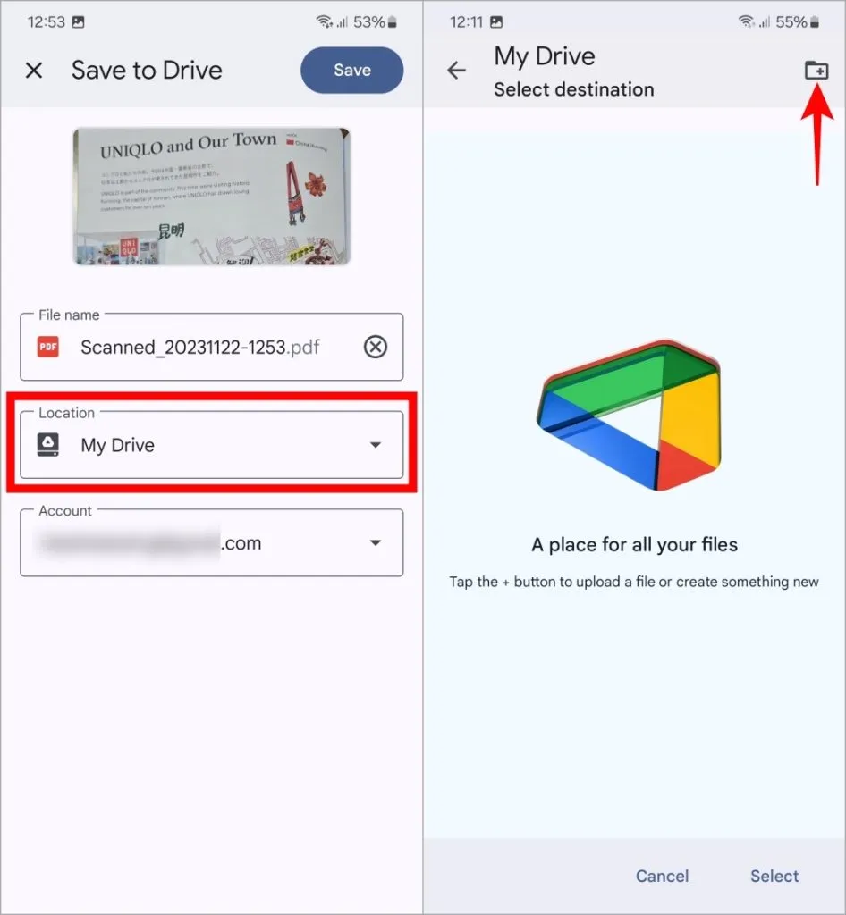 Selecione o local do documento digitalizado no Google Drive