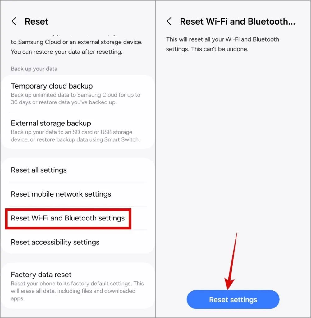 Nulstil Wi-Fi og Bluetooth-indstillinger på Samsung-telefon