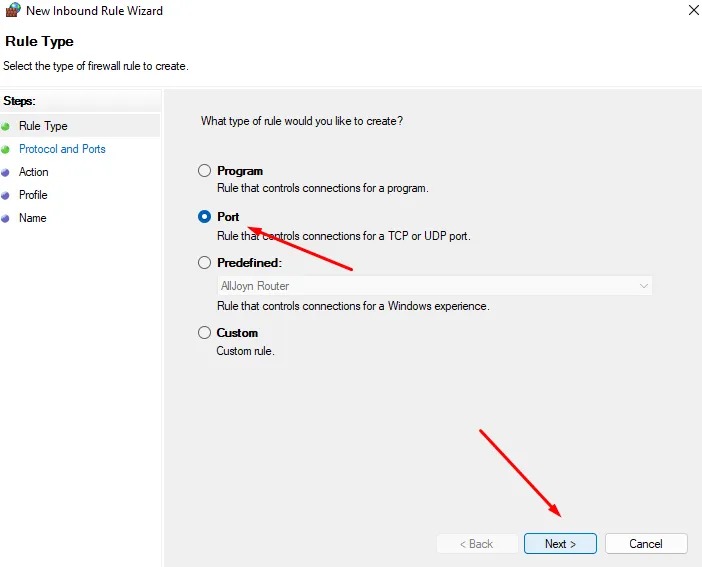 Тип правила, выберите «Порт» и нажмите «Далее».