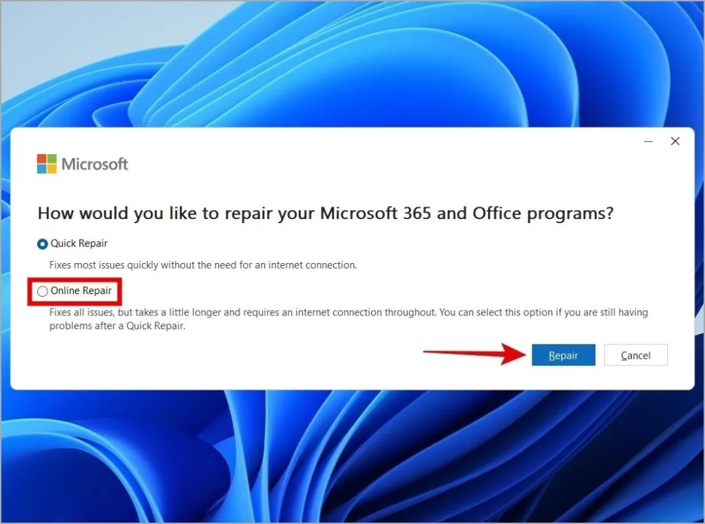 Execute a ferramenta de reparo do Office no Windows