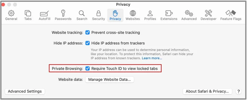 requer touch id para visualizar a guia bloqueada no navegador Safari