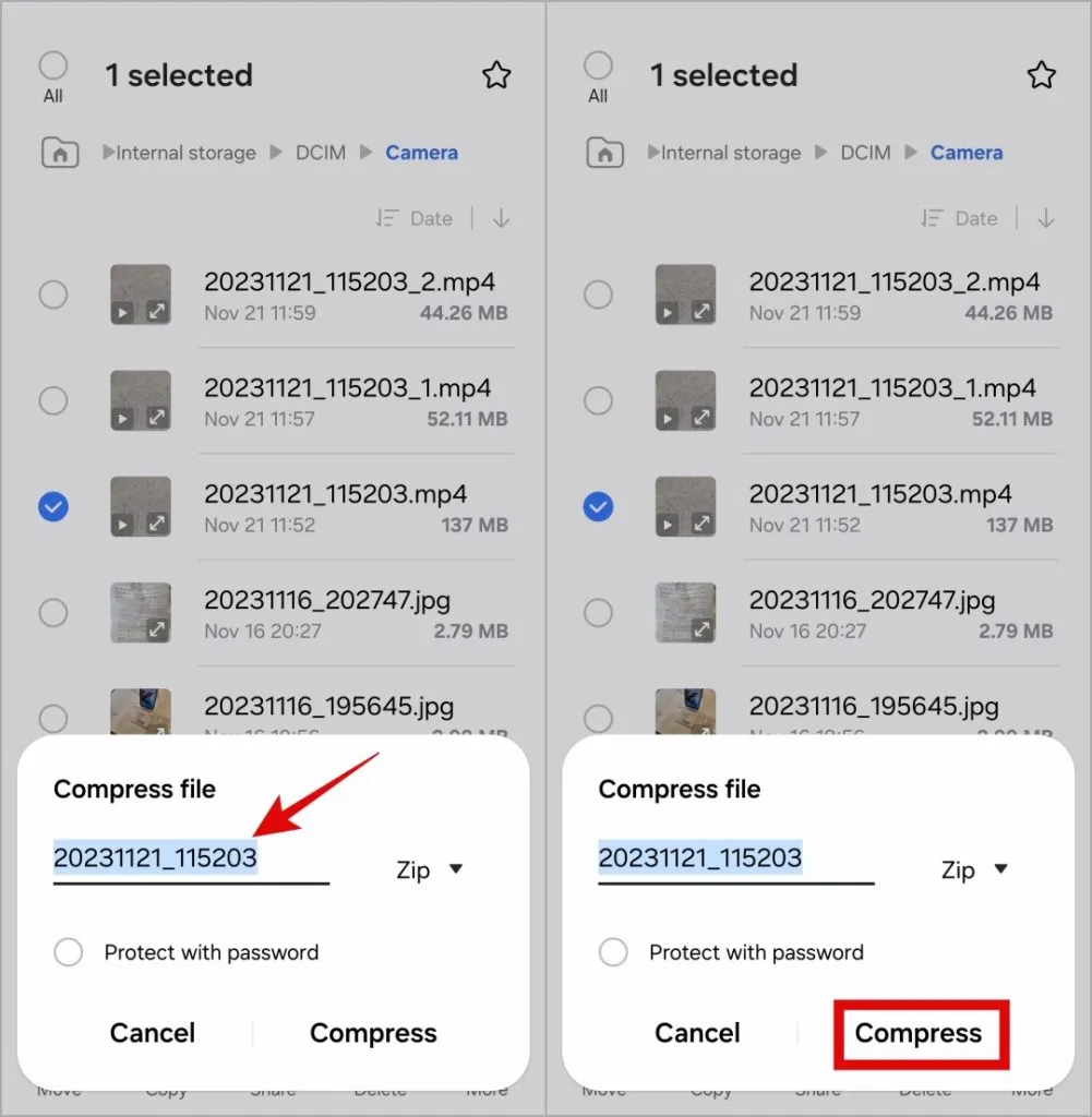 Salve um vídeo como arquivo ZIP no telefone Samsung Galaxy